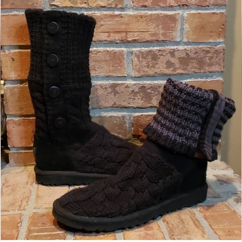 UGG AUSTRALIA ~ Black Cable Knit LELAND 1000464 Fold Over BOOTS ~ Women Size 7